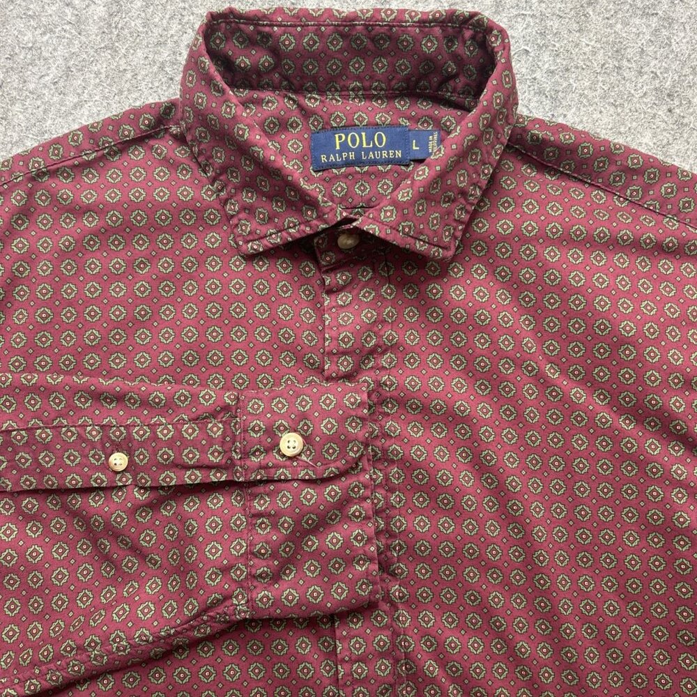 Polo Ralph Lauren Shirt Men L Red Green Geometric Long Sleeve Classic Fit